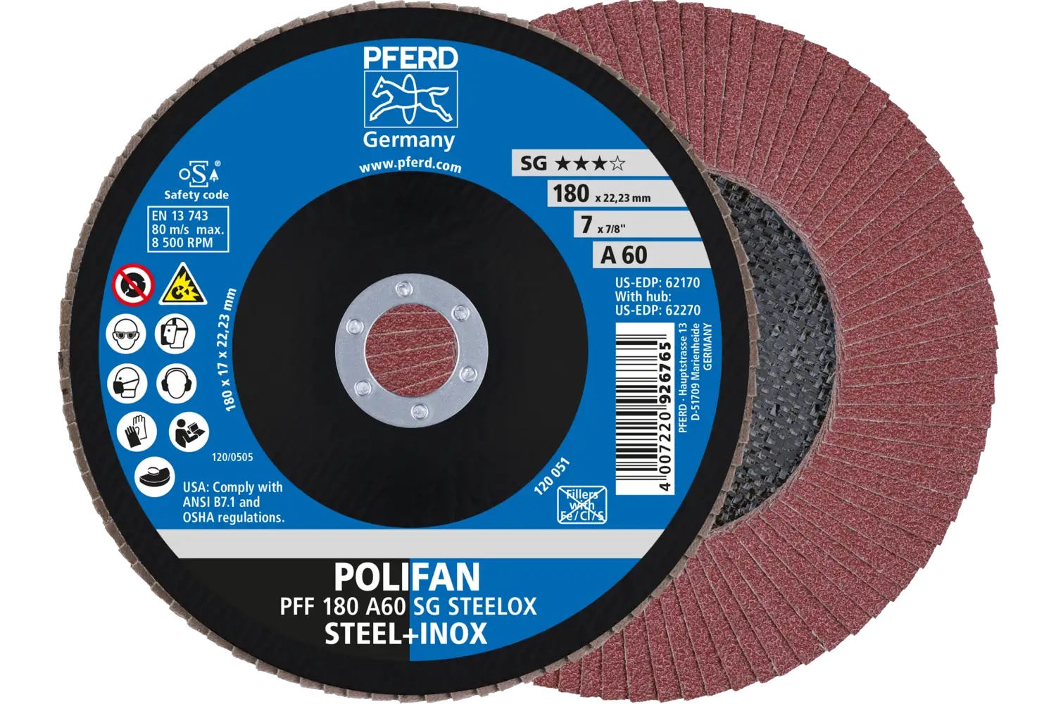 Picture of Pferd Flap Disc, 7" x 7/8, A SG Steelox, 60 Grit, T27, Flat, Aluminum oxide